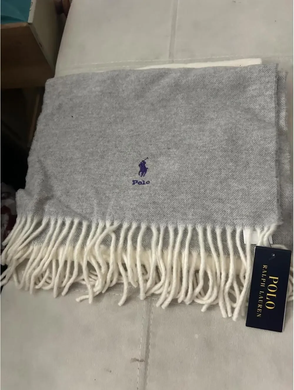NWT Polo Ralph Lauren gray & white scarf with purple pony logo and fringe